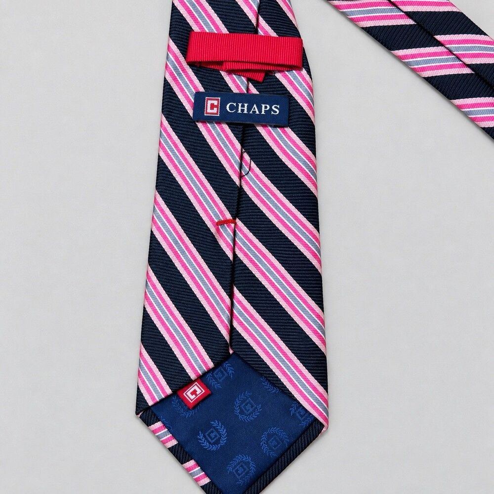 CHAPS Men’s Necktie Navy Pink Gray White Diagonal Striped Classic Tie